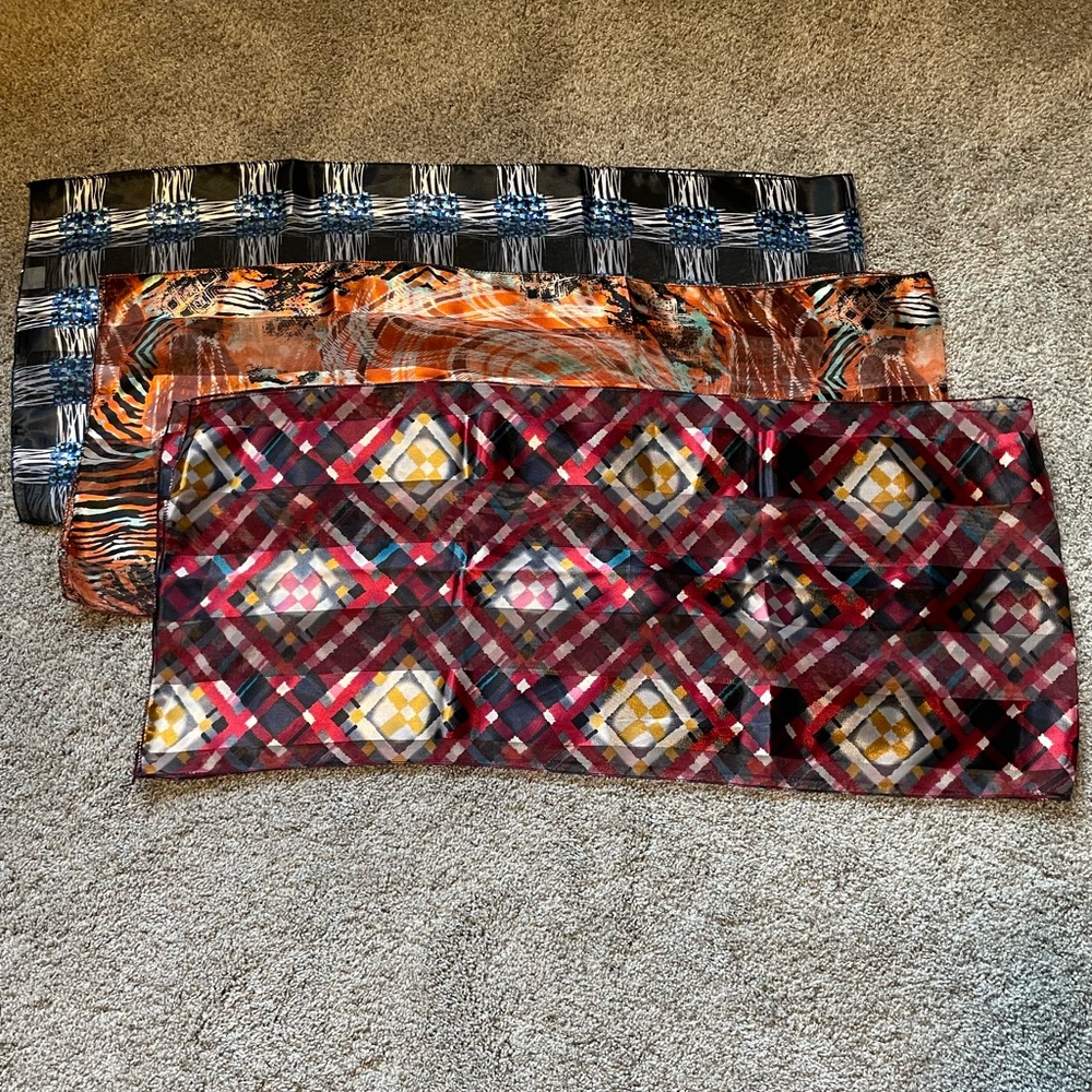 Multicolored sheer silky-feel 3 scarf set